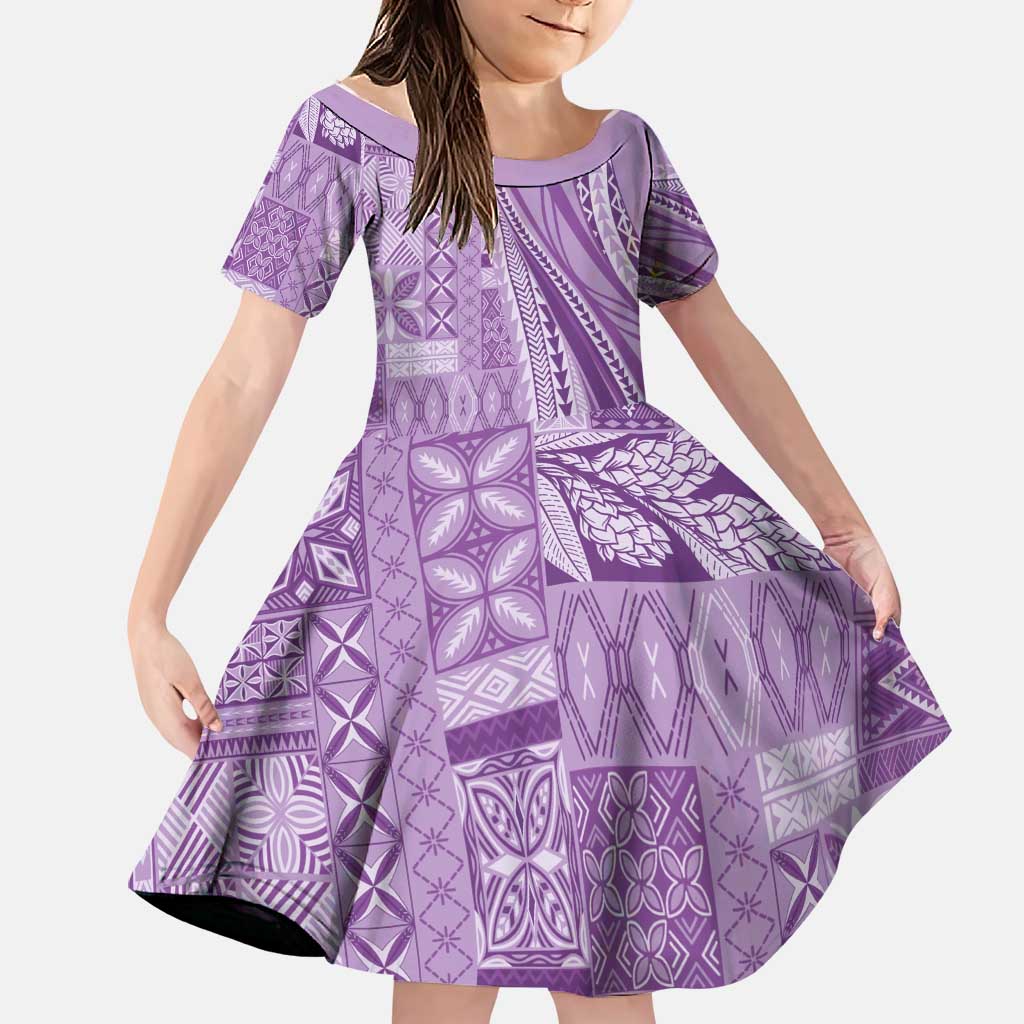 Pasifika Women's Day - Samoa Siapo Malu Tattoo Inspired Family Matching Short Sleeve Bodycon Dress and Hawaiian Shirt Lavender LT7 Daughter's Dress Lavender - Polynesian Pride