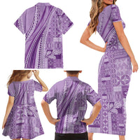 Pasifika Women's Day - Samoa Siapo Malu Tattoo Inspired Family Matching Short Sleeve Bodycon Dress and Hawaiian Shirt Lavender LT7 - Polynesian Pride