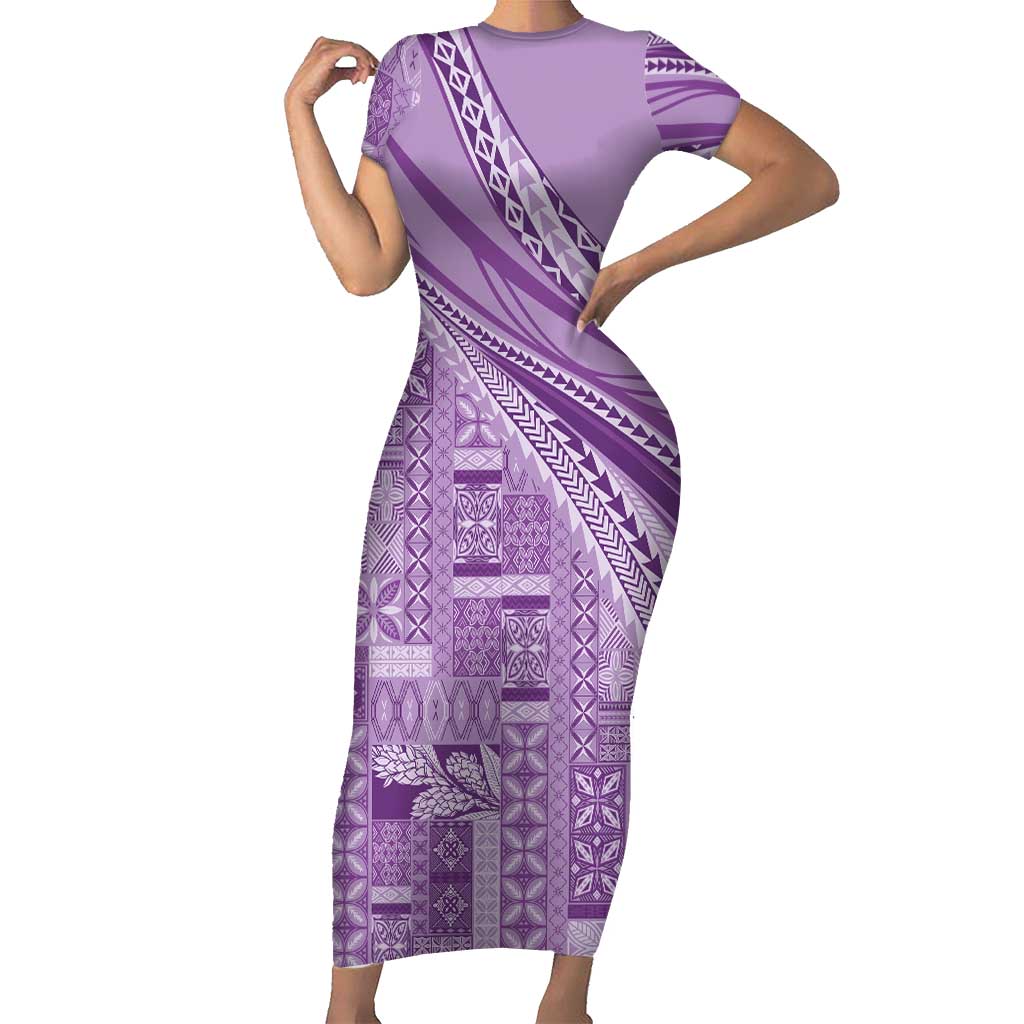 Pasifika Women's Day - Samoa Siapo Malu Tattoo Inspired Family Matching Short Sleeve Bodycon Dress and Hawaiian Shirt Lavender LT7 Mom's Dress Lavender - Polynesian Pride