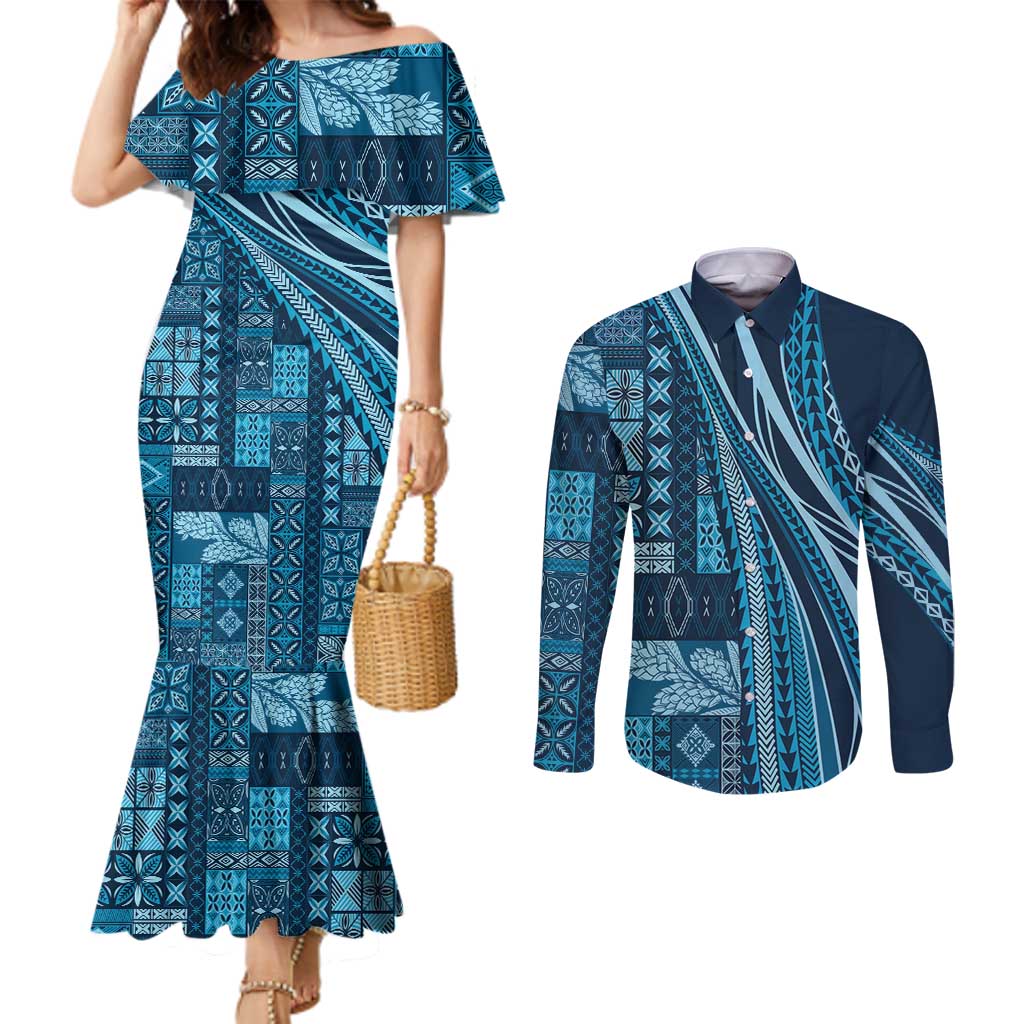 Pasifika Women's Day - Samoa Siapo Malu Tattoo Inspired Couples Matching Mermaid Dress and Long Sleeve Button Shirt Navy Blue LT7 Navy Blue - Polynesian Pride