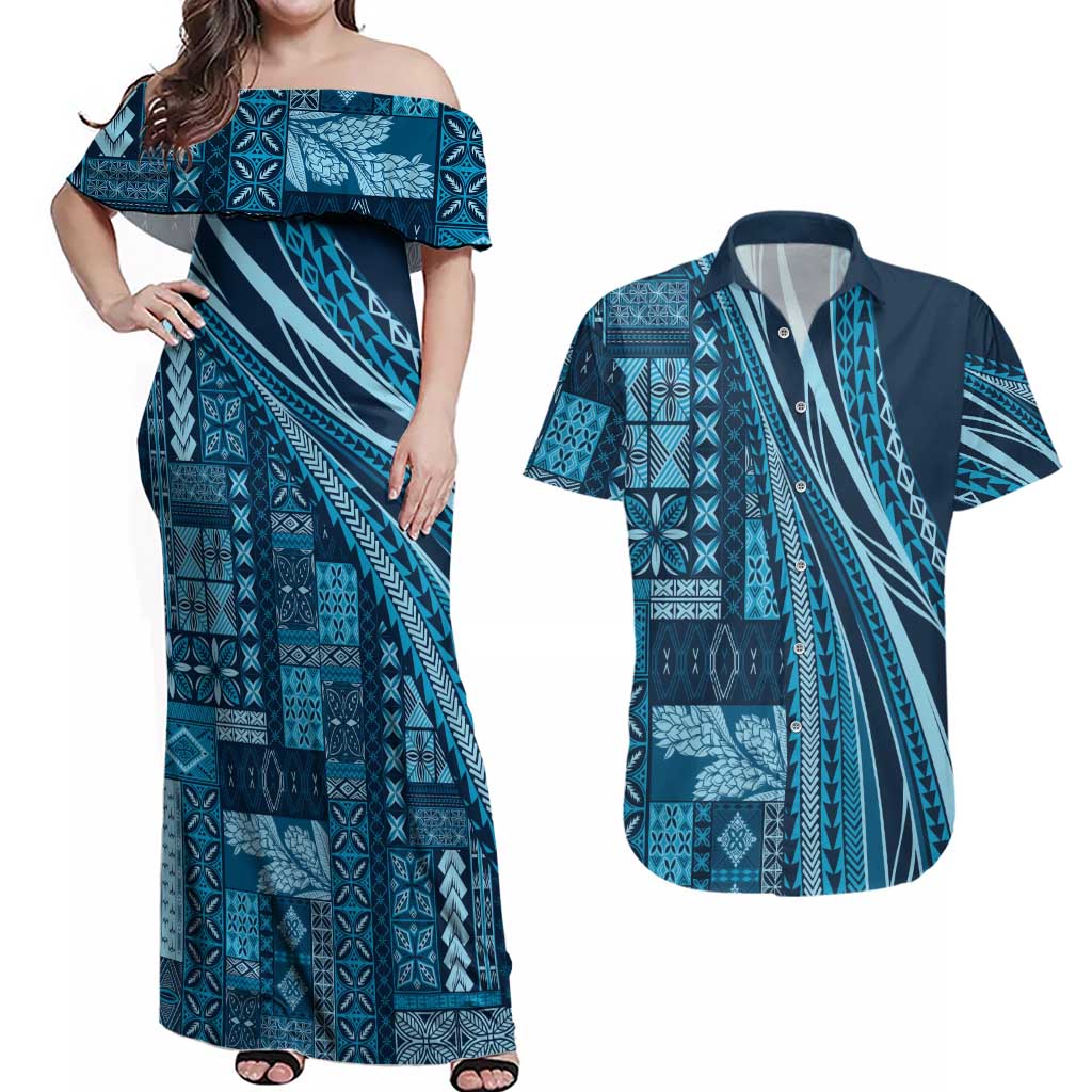 Pasifika Women's Day - Samoa Siapo Malu Tattoo Inspired Couples Matching Off Shoulder Maxi Dress and Hawaiian Shirt Navy Blue LT7 Navy Blue - Polynesian Pride