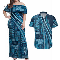 Pasifika Women's Day - Samoa Siapo Malu Tattoo Inspired Couples Matching Off Shoulder Maxi Dress and Hawaiian Shirt Navy Blue LT7 Navy Blue - Polynesian Pride