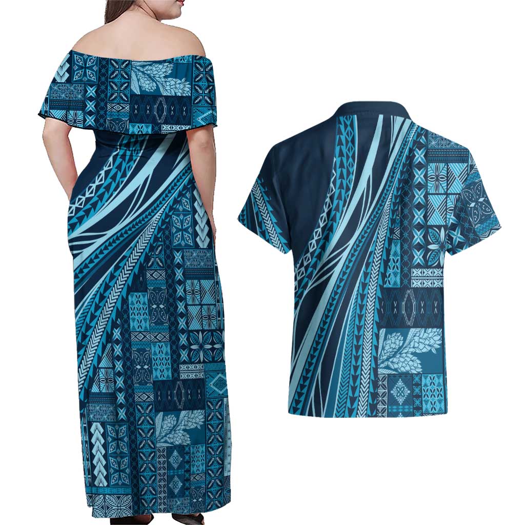 Pasifika Women's Day - Samoa Siapo Malu Tattoo Inspired Couples Matching Off Shoulder Maxi Dress and Hawaiian Shirt Navy Blue LT7 - Polynesian Pride