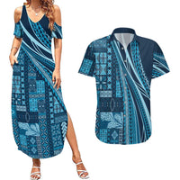 Pasifika Women's Day - Samoa Siapo Malu Tattoo Inspired Couples Matching Summer Maxi Dress and Hawaiian Shirt Navy Blue LT7 Navy Blue - Polynesian Pride