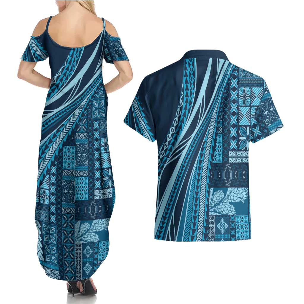 Pasifika Women's Day - Samoa Siapo Malu Tattoo Inspired Couples Matching Summer Maxi Dress and Hawaiian Shirt Navy Blue LT7 - Polynesian Pride