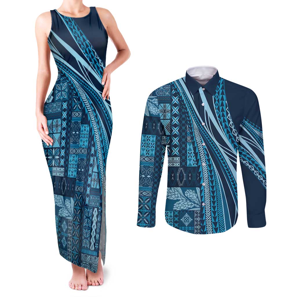 Pasifika Women's Day - Samoa Siapo Malu Tattoo Inspired Couples Matching Tank Maxi Dress and Long Sleeve Button Shirt Navy Blue LT7 Navy Blue - Polynesian Pride