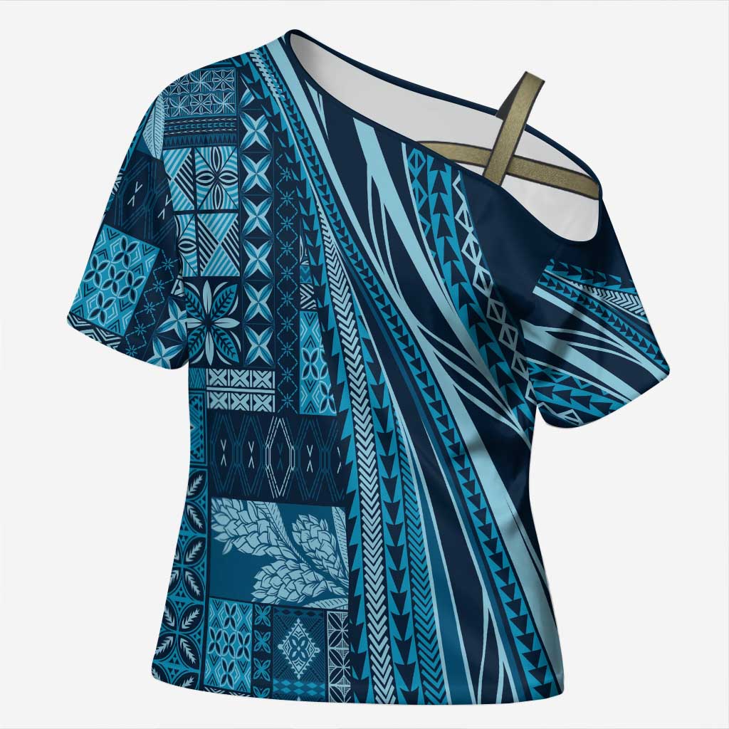 Pasifika Women's Day - Samoa Siapo Malu Tattoo Inspired Cross Shoulder Shirt Navy Blue LT7 Female Navy Blue - Polynesian Pride