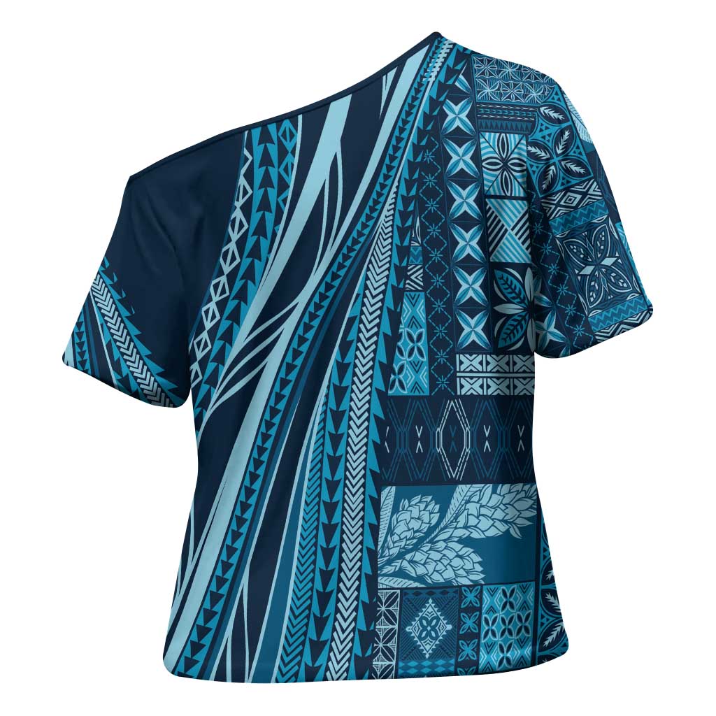 Pasifika Women's Day - Samoa Siapo Malu Tattoo Inspired Cross Shoulder Shirt Navy Blue LT7 - Polynesian Pride