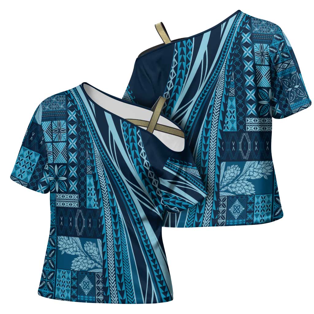 Pasifika Women's Day - Samoa Siapo Malu Tattoo Inspired Cross Shoulder Shirt Navy Blue LT7 - Polynesian Pride