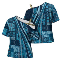 Pasifika Women's Day - Samoa Siapo Malu Tattoo Inspired Cross Shoulder Shirt Navy Blue LT7 - Polynesian Pride