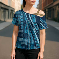 Pasifika Women's Day - Samoa Siapo Malu Tattoo Inspired Cross Shoulder Shirt Navy Blue LT7 - Polynesian Pride