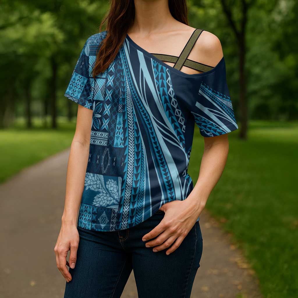 Pasifika Women's Day - Samoa Siapo Malu Tattoo Inspired Cross Shoulder Shirt Navy Blue LT7 - Polynesian Pride