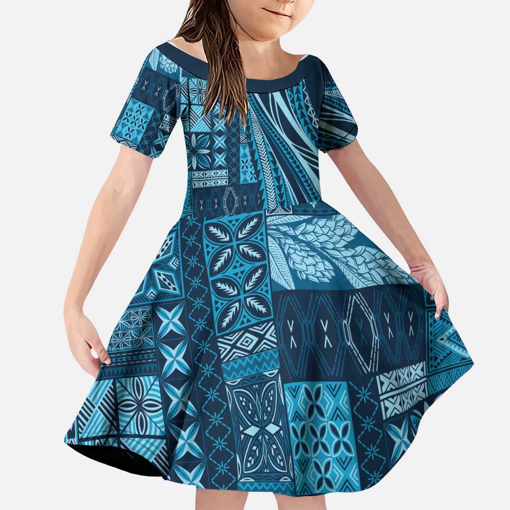 Pasifika Women's Day - Samoa Siapo Malu Tattoo Inspired Family Matching Long Sleeve Bodycon Dress and Hawaiian Shirt Navy Blue LT7 Daughter's Dress Navy Blue - Polynesian Pride
