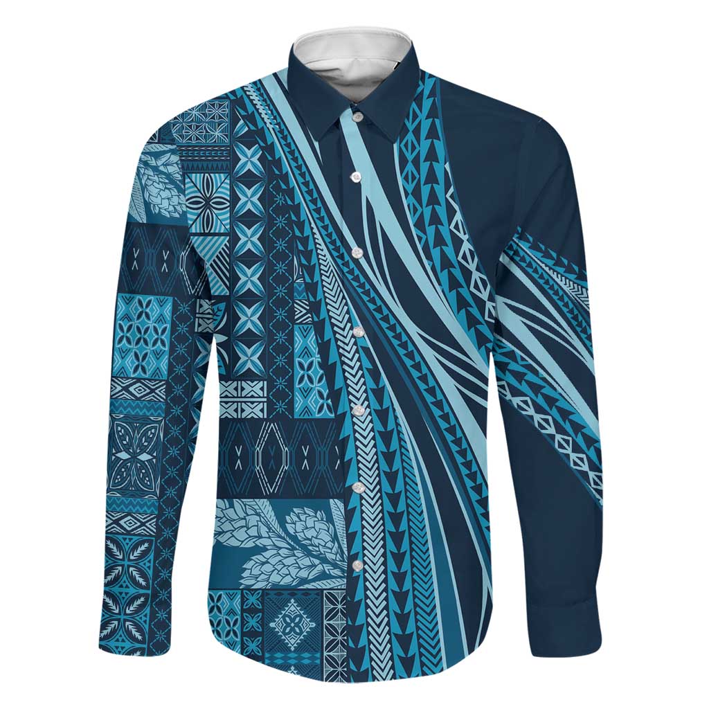Pasifika Women's Day - Samoa Siapo Malu Tattoo Inspired Family Matching Off Shoulder Maxi Dress and Hawaiian Shirt Navy Blue LT7 Dad's Shirt - Long Sleeve Navy Blue - Polynesian Pride