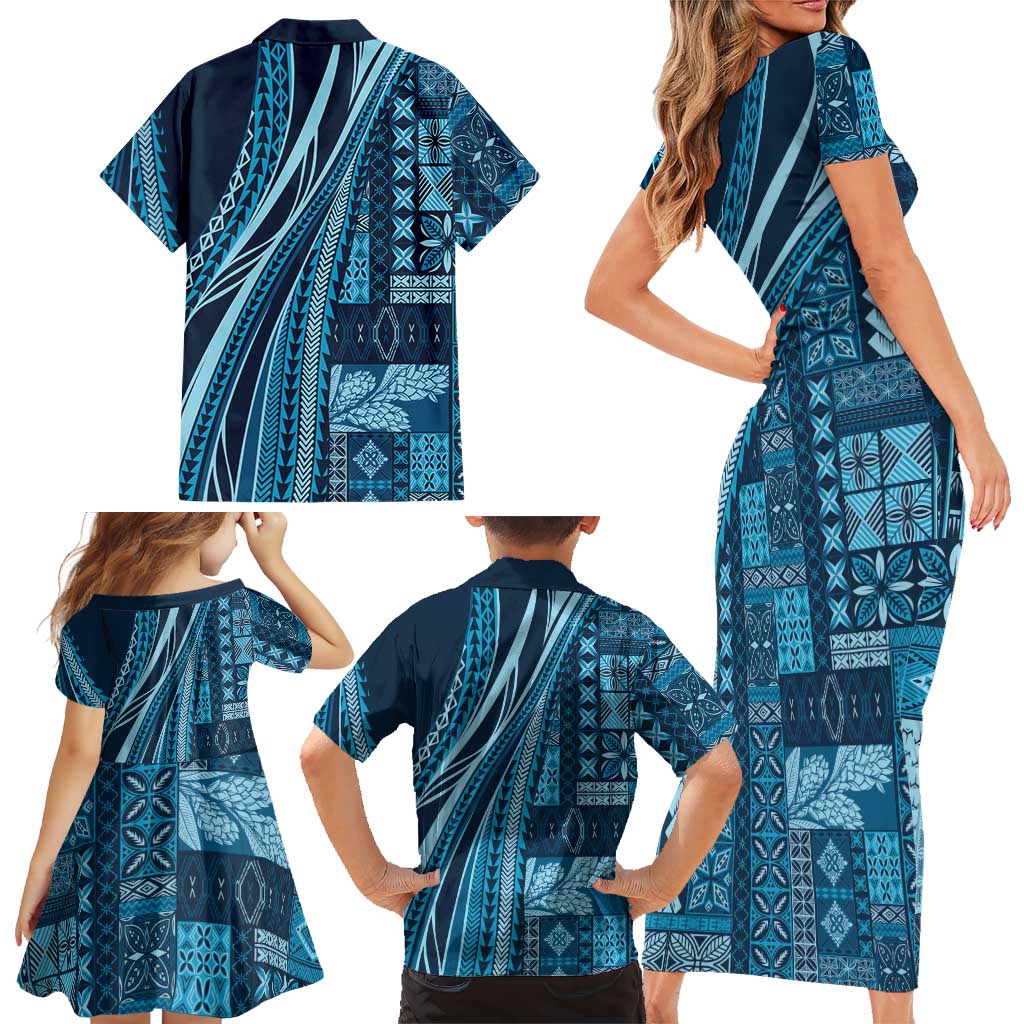 Pasifika Women's Day - Samoa Siapo Malu Tattoo Inspired Family Matching Short Sleeve Bodycon Dress and Hawaiian Shirt Navy Blue LT7 - Polynesian Pride