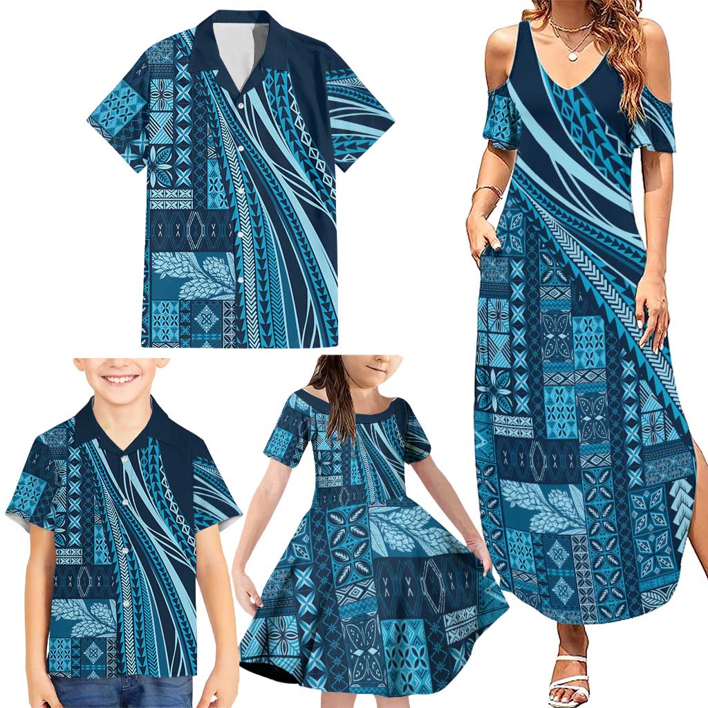 Pasifika Women's Day - Samoa Siapo Malu Tattoo Inspired Family Matching Summer Maxi Dress and Hawaiian Shirt Navy Blue