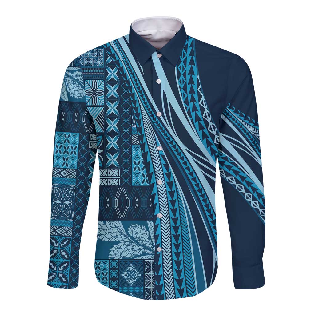 Pasifika Women's Day - Samoa Siapo Malu Tattoo Inspired Long Sleeve Button Shirt Navy Blue