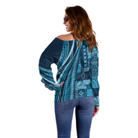 Pasifika Women's Day - Samoa Siapo Malu Tattoo Inspired Off Shoulder Sweater Navy Blue