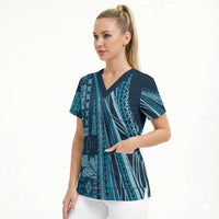 Pasifika Women's Day - Samoa Siapo Malu Tattoo Inspired Scrub Top Navy Blue