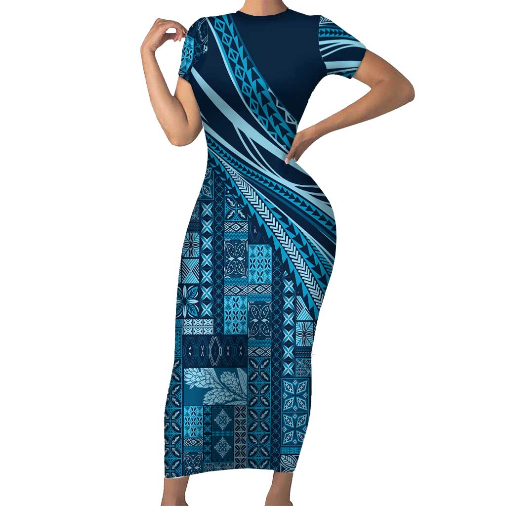 Pasifika Women's Day - Samoa Siapo Malu Tattoo Inspired Short Sleeve Bodycon Dress Navy Blue LT7 Long Dress Navy Blue - Polynesian Pride