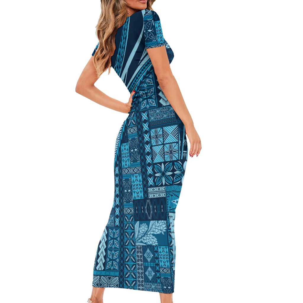 Pasifika Women's Day - Samoa Siapo Malu Tattoo Inspired Short Sleeve Bodycon Dress Navy Blue LT7 - Polynesian Pride