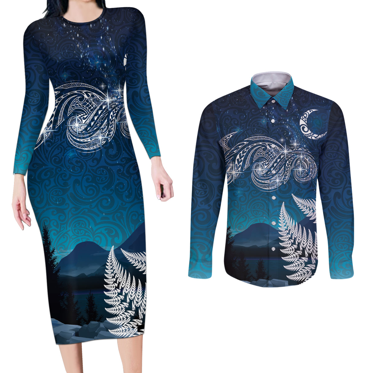 New Zealand Matariki Couples Matching Long Sleeve Bodycon Dress and Long Sleeve Button Shirt Starry Night Style LT7 Navy - Polynesian Pride