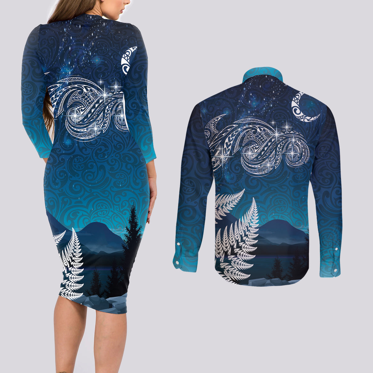 New Zealand Matariki Couples Matching Long Sleeve Bodycon Dress and Long Sleeve Button Shirt Starry Night Style LT7 - Polynesian Pride