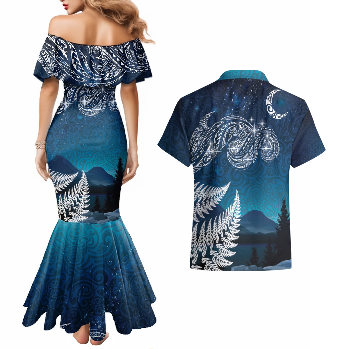 New Zealand Matariki Couples Matching Mermaid Dress and Hawaiian Shirt Starry Night Style LT7 - Polynesian Pride