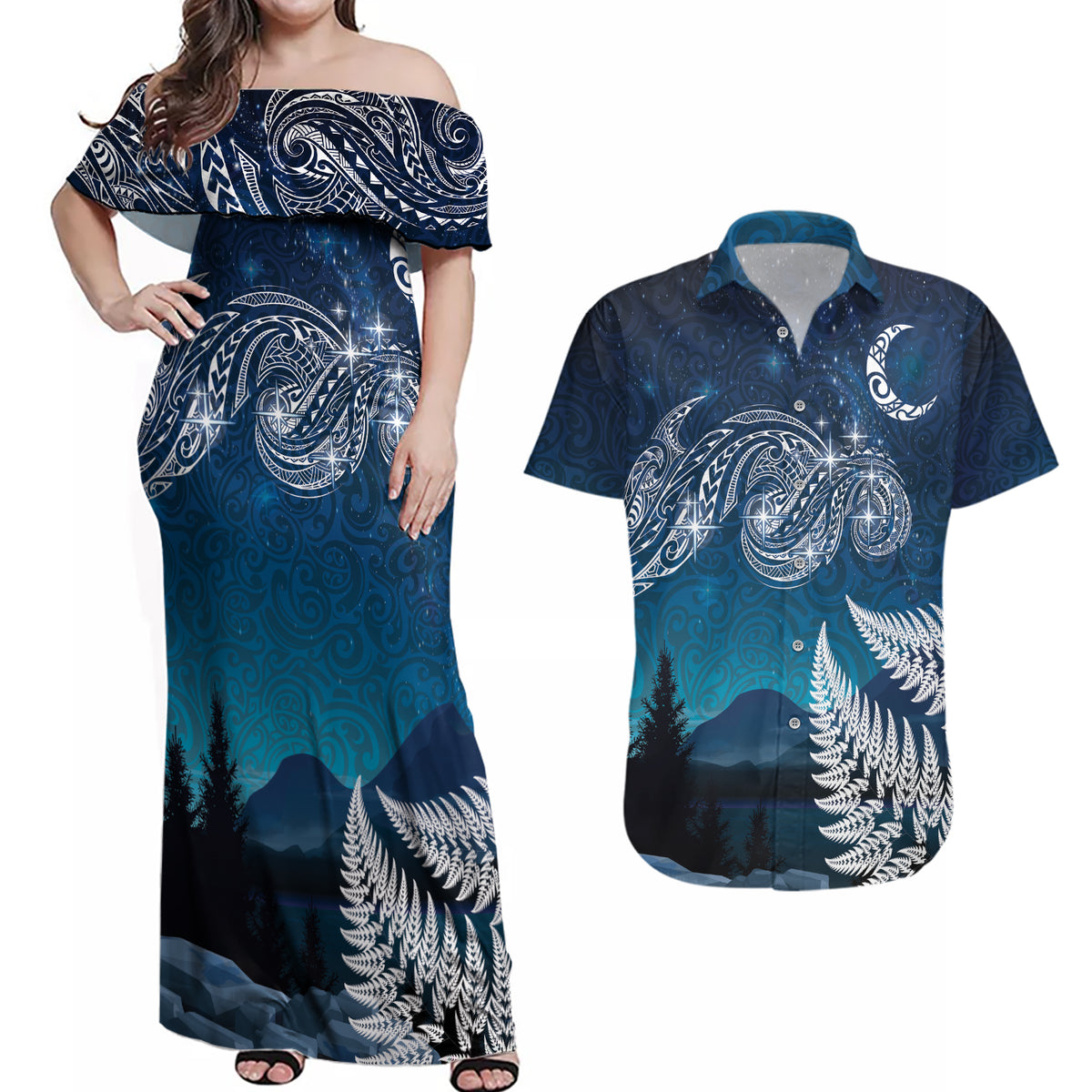 New Zealand Matariki Couples Matching Off Shoulder Maxi Dress and Hawaiian Shirt Starry Night Style LT7 Navy - Polynesian Pride