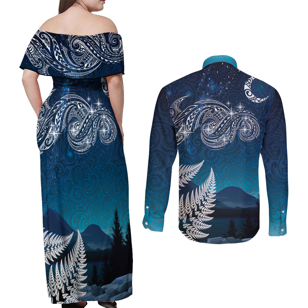 New Zealand Matariki Couples Matching Off Shoulder Maxi Dress and Long Sleeve Button Shirt Starry Night Style LT7 - Polynesian Pride