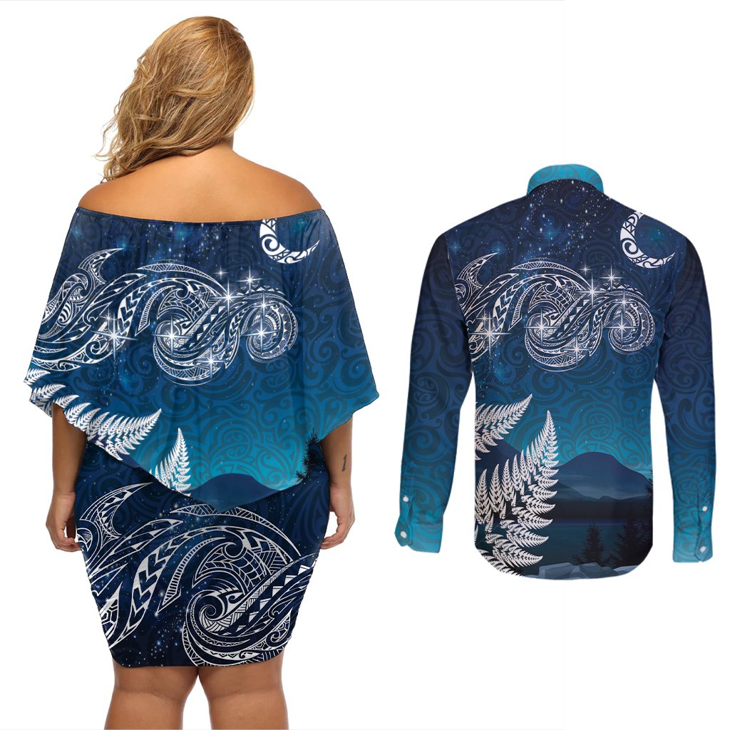 New Zealand Matariki Couples Matching Off Shoulder Short Dress and Long Sleeve Button Shirt Starry Night Style LT7 - Polynesian Pride
