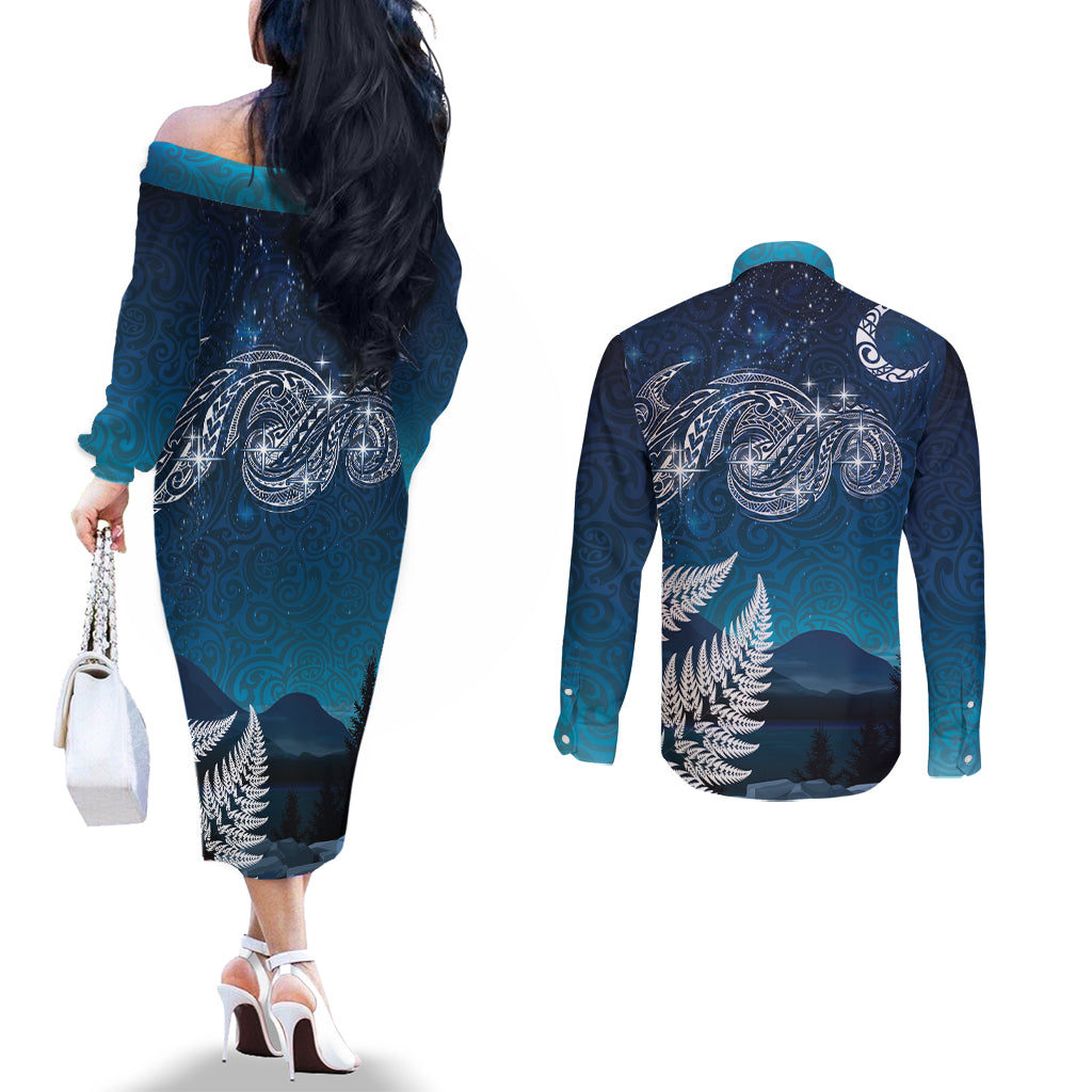 New Zealand Matariki Couples Matching Off The Shoulder Long Sleeve Dress and Long Sleeve Button Shirt Starry Night Style LT7 - Polynesian Pride