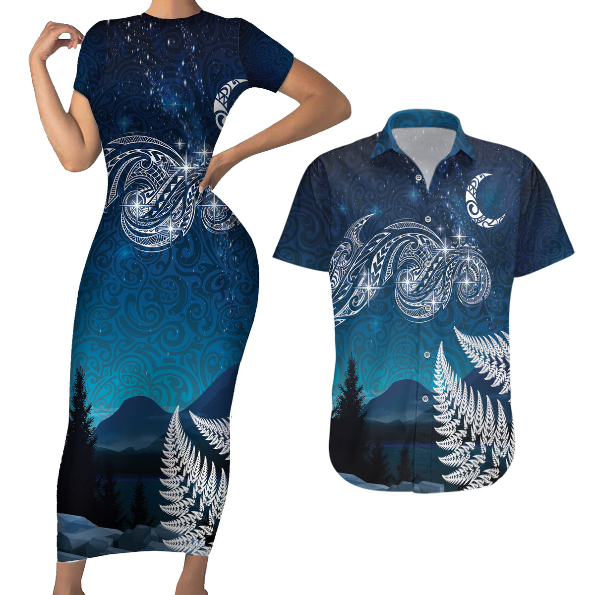 New Zealand Matariki Couples Matching Short Sleeve Bodycon Dress and Hawaiian Shirt Starry Night Style LT7 Navy - Polynesian Pride