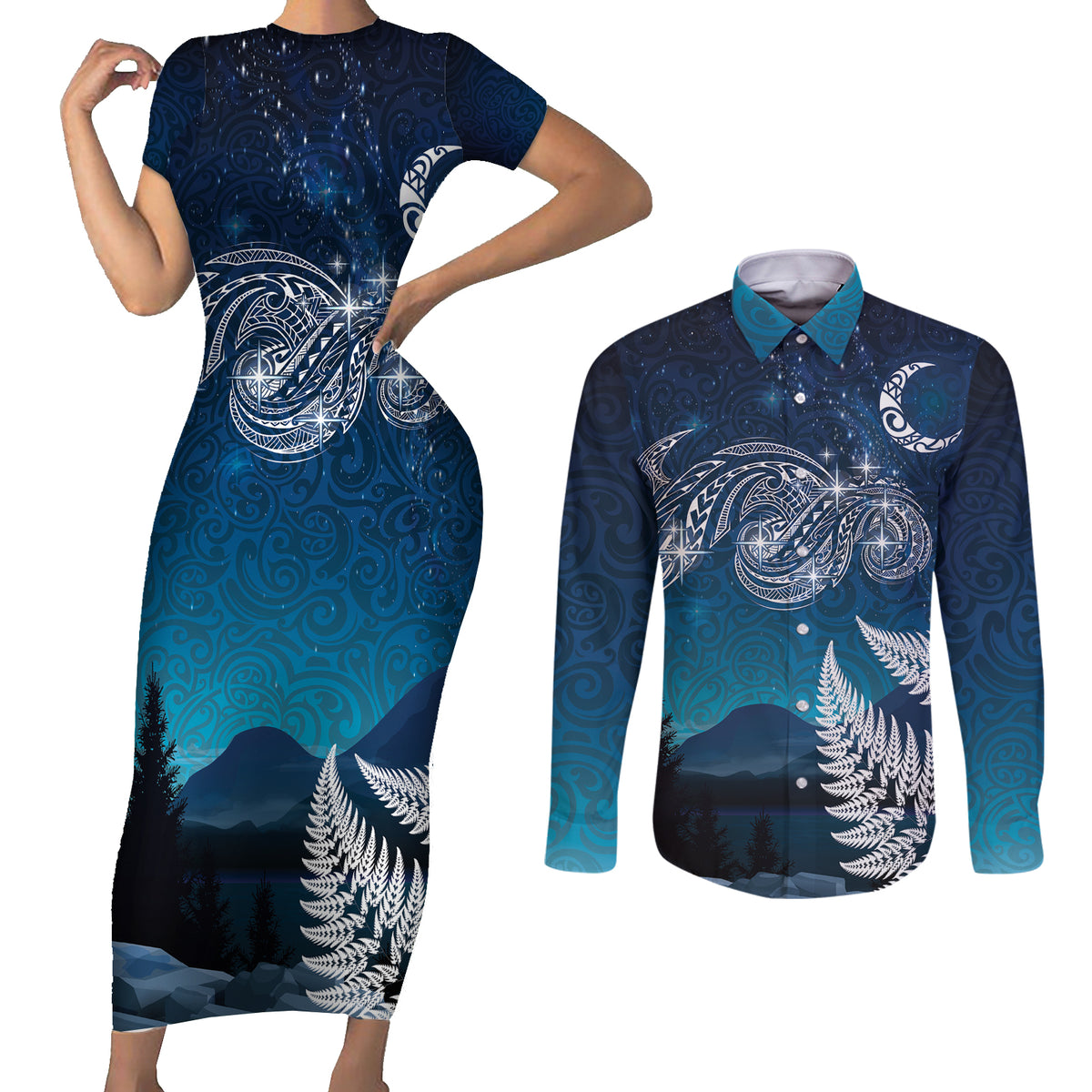 New Zealand Matariki Couples Matching Short Sleeve Bodycon Dress and Long Sleeve Button Shirt Starry Night Style LT7 Navy - Polynesian Pride
