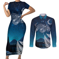 New Zealand Matariki Couples Matching Short Sleeve Bodycon Dress and Long Sleeve Button Shirt Starry Night Style LT7 Navy - Polynesian Pride