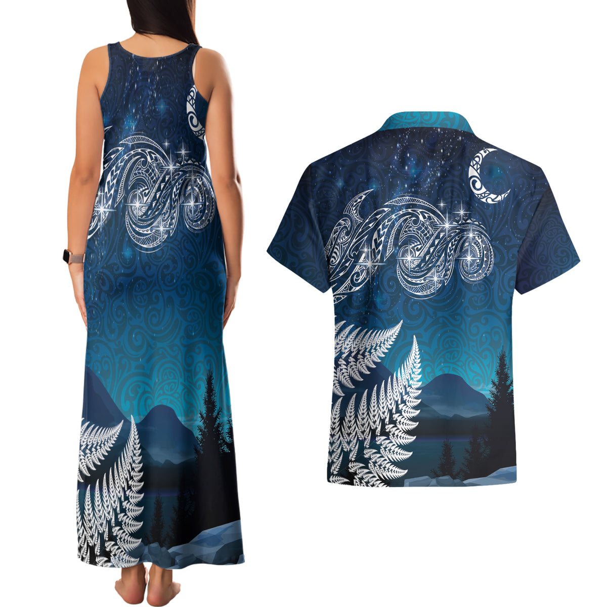 New Zealand Matariki Couples Matching Tank Maxi Dress and Hawaiian Shirt Starry Night Style LT7 - Polynesian Pride
