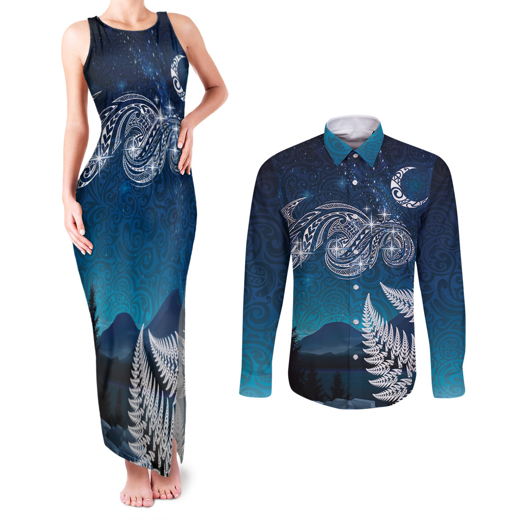 New Zealand Matariki Couples Matching Tank Maxi Dress and Long Sleeve Button Shirt Starry Night Style LT7 Navy - Polynesian Pride