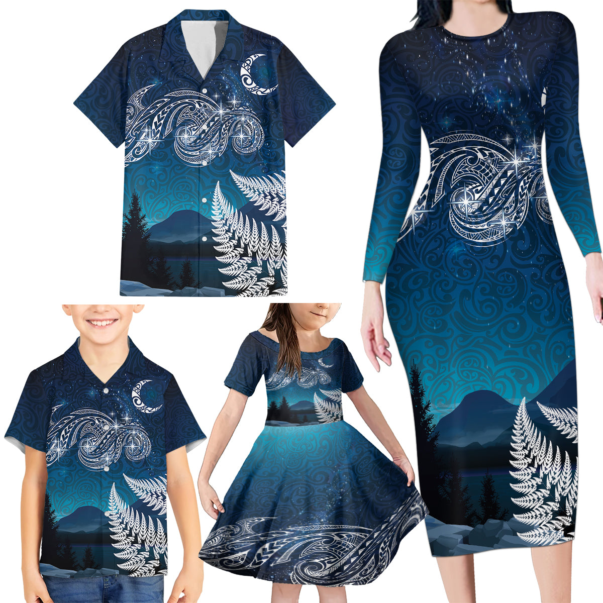New Zealand Matariki Family Matching Long Sleeve Bodycon Dress and Hawaiian Shirt Starry Night Style LT7 - Polynesian Pride