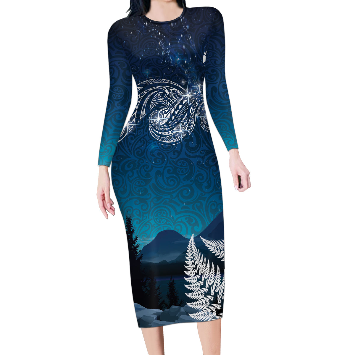 New Zealand Matariki Family Matching Long Sleeve Bodycon Dress and Hawaiian Shirt Starry Night Style LT7 Mom's Dress Navy - Polynesian Pride
