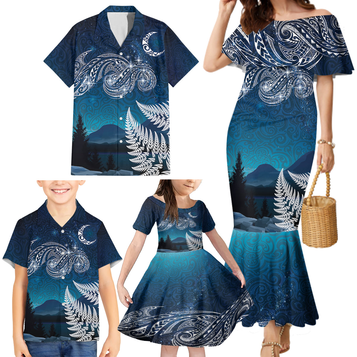New Zealand Matariki Family Matching Mermaid Dress and Hawaiian Shirt Starry Night Style LT7 - Polynesian Pride