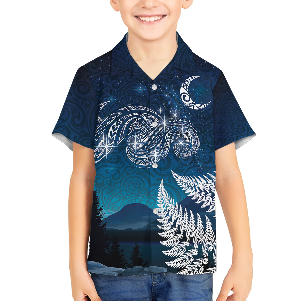 New Zealand Matariki Family Matching Off The Shoulder Long Sleeve Dress and Hawaiian Shirt Starry Night Style LT7 Son's Shirt Navy - Polynesian Pride