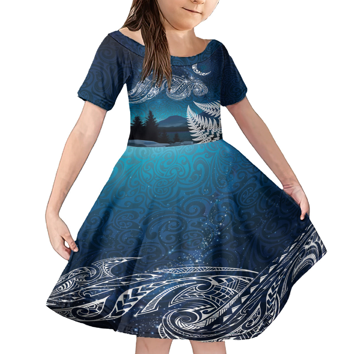 New Zealand Matariki Family Matching Puletasi and Hawaiian Shirt Starry Night Style LT7 Daughter's Dress Navy - Polynesian Pride