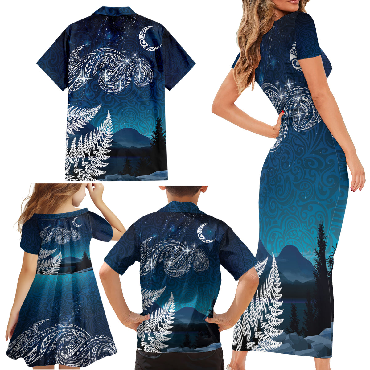 New Zealand Matariki Family Matching Short Sleeve Bodycon Dress and Hawaiian Shirt Starry Night Style LT7 - Polynesian Pride