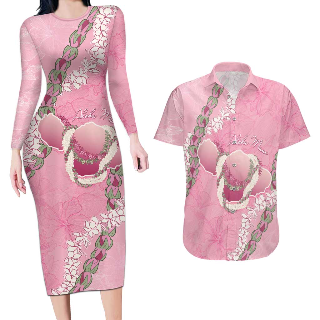 Hawaii Maui Island Flowers Lei Couples Matching Long Sleeve Bodycon Dress and Hawaiian Shirt Lokelani Rose Pink LT7 Pink - Polynesian Pride