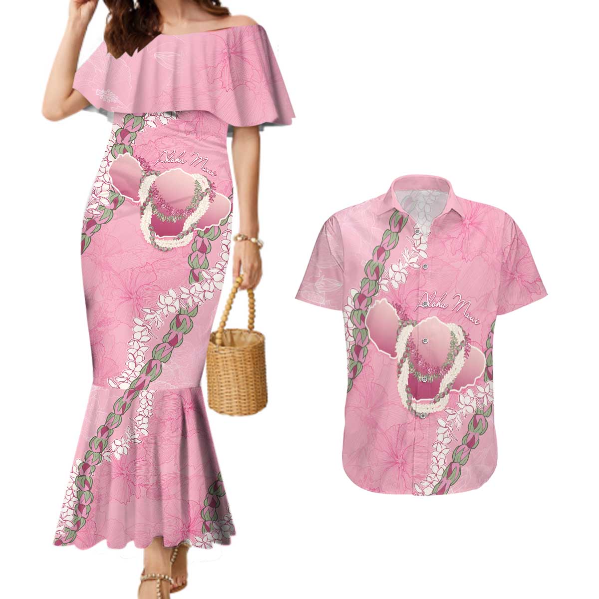 Hawaii Maui Island Flowers Lei Couples Matching Mermaid Dress and Hawaiian Shirt Lokelani Rose Pink LT7 Pink - Polynesian Pride
