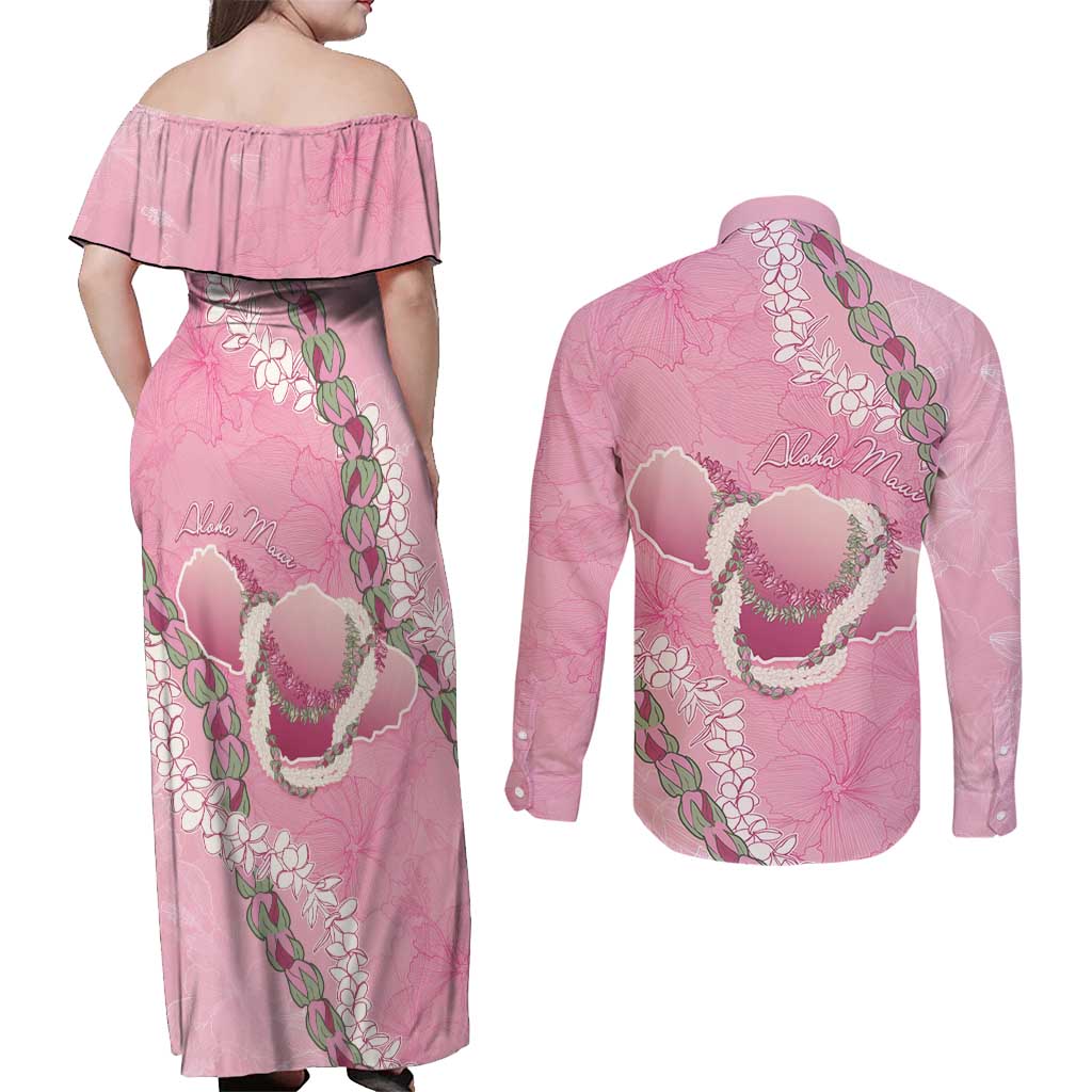Hawaii Maui Island Flowers Lei Couples Matching Off Shoulder Maxi Dress and Long Sleeve Button Shirt Lokelani Rose Pink LT7 - Polynesian Pride