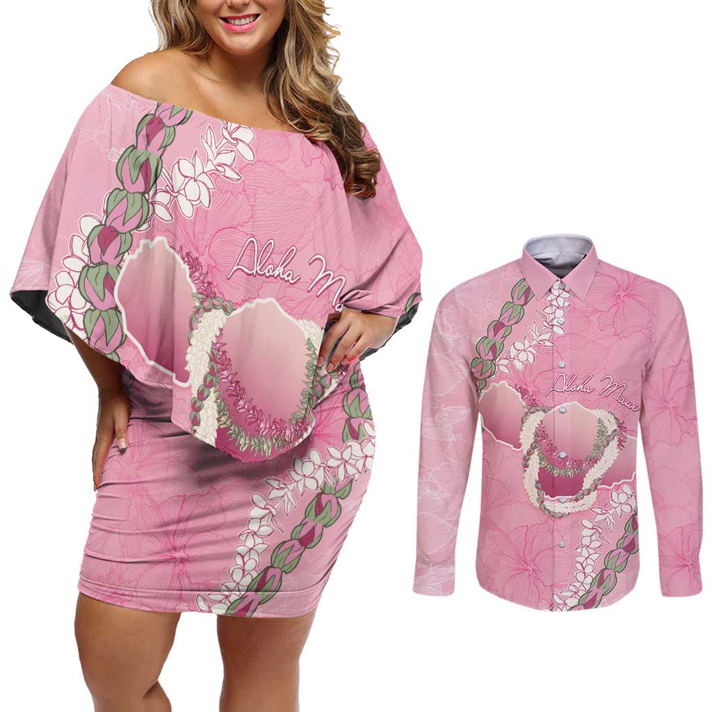 Hawaii Maui Island Flowers Lei Couples Matching Off Shoulder Short Dress and Long Sleeve Button Shirt Lokelani Rose Pink LT7 Pink - Polynesian Pride