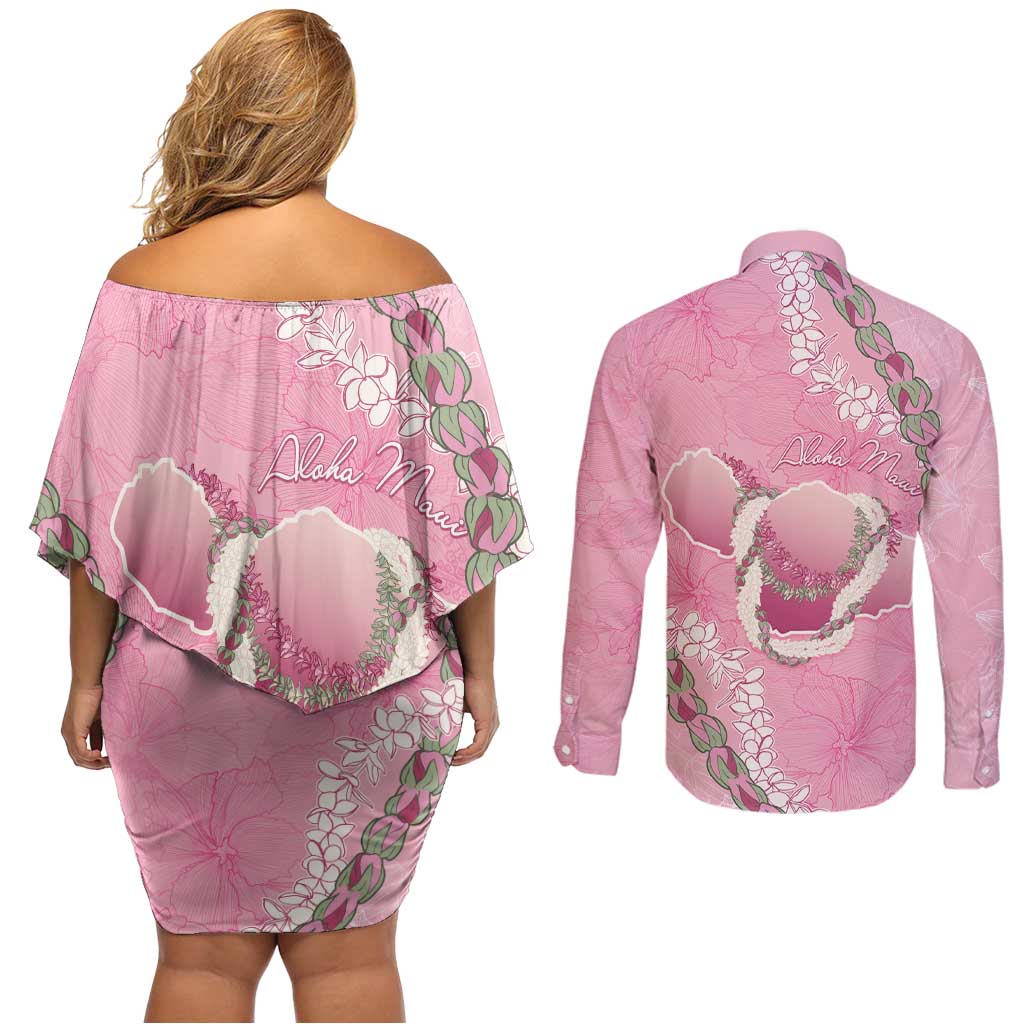 Hawaii Maui Island Flowers Lei Couples Matching Off Shoulder Short Dress and Long Sleeve Button Shirt Lokelani Rose Pink LT7 - Polynesian Pride