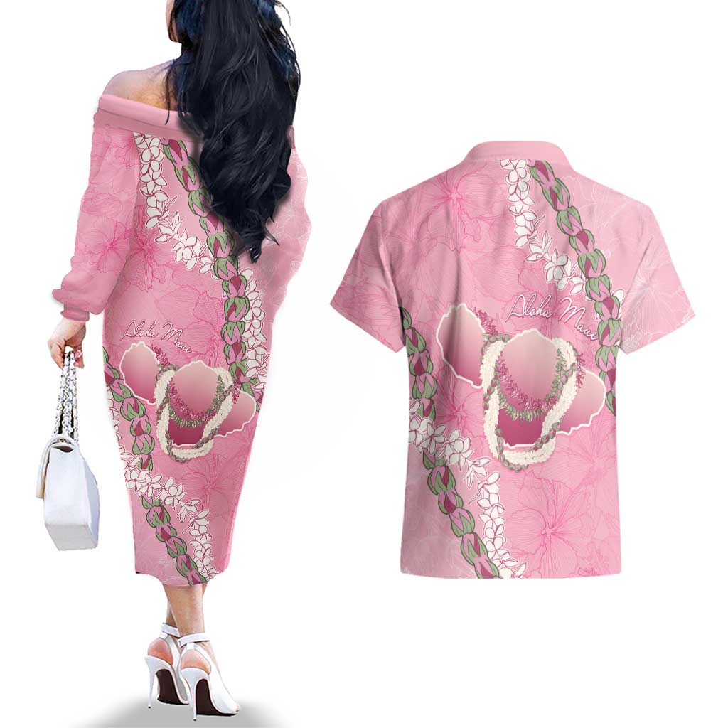 Hawaii Maui Island Flowers Lei Couples Matching Off The Shoulder Long Sleeve Dress and Hawaiian Shirt Lokelani Rose Pink LT7 - Polynesian Pride
