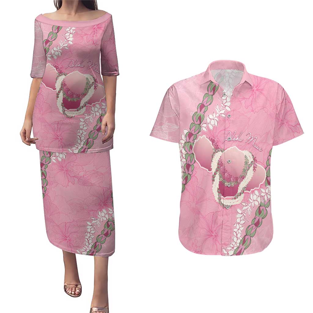 Hawaii Maui Island Flowers Lei Couples Matching Puletasi and Hawaiian Shirt Lokelani Rose Pink LT7 Pink - Polynesian Pride